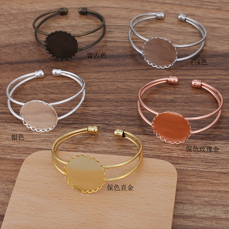 5 bord festonné lunette tasse deux rangées cercle ouvert bracelet 18KGP 25mm cabochon rond Base vierge réglage de la pièce de pierre précieuse