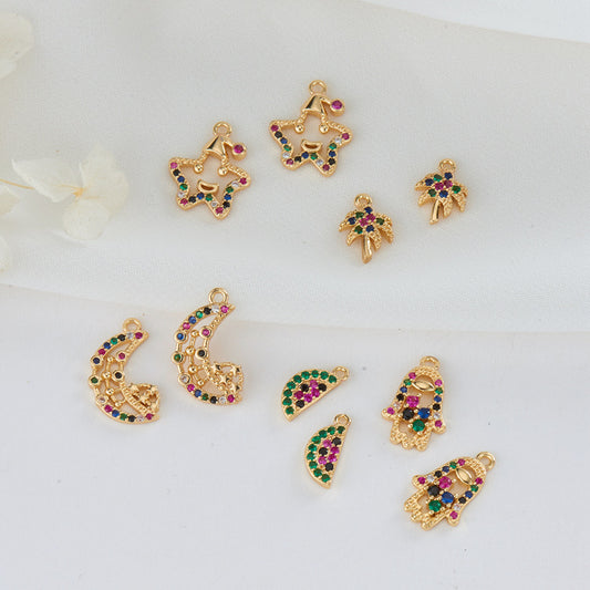 2 Star Watermelon Coconut Tree Moon Hamsa Charm Pendant Rhinestone Embellished 14K GF