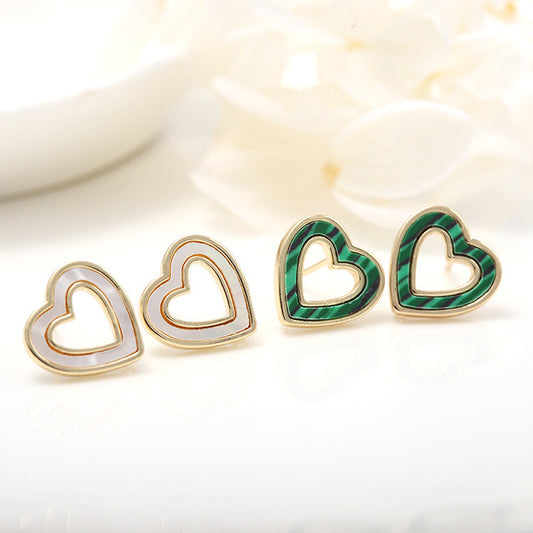 4 Herz-Kreis-Ohrstecker mit Malachit-Muschelverzierung, 14-Karat-GF-Ohrring