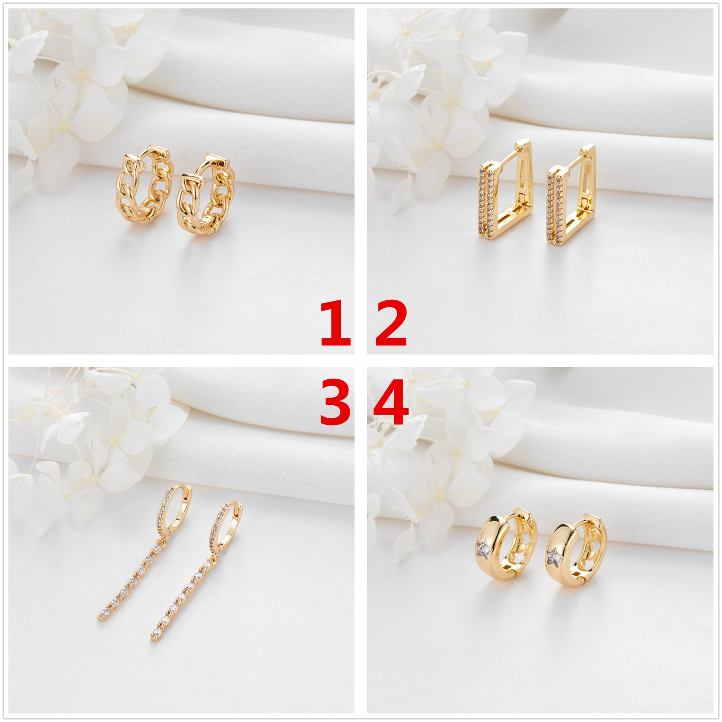 4 hohle Kabelketten-Rechteckkrallen-Stern-Creolen mit Strassverzierung aus 14-Karat-GF-Ohrring