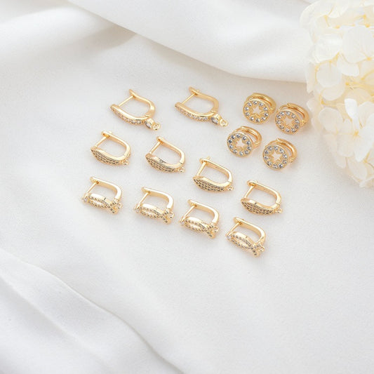 4 Floral Star Round Hoop Earrings with Loop Rhinestone Embellished 14K GF Earing