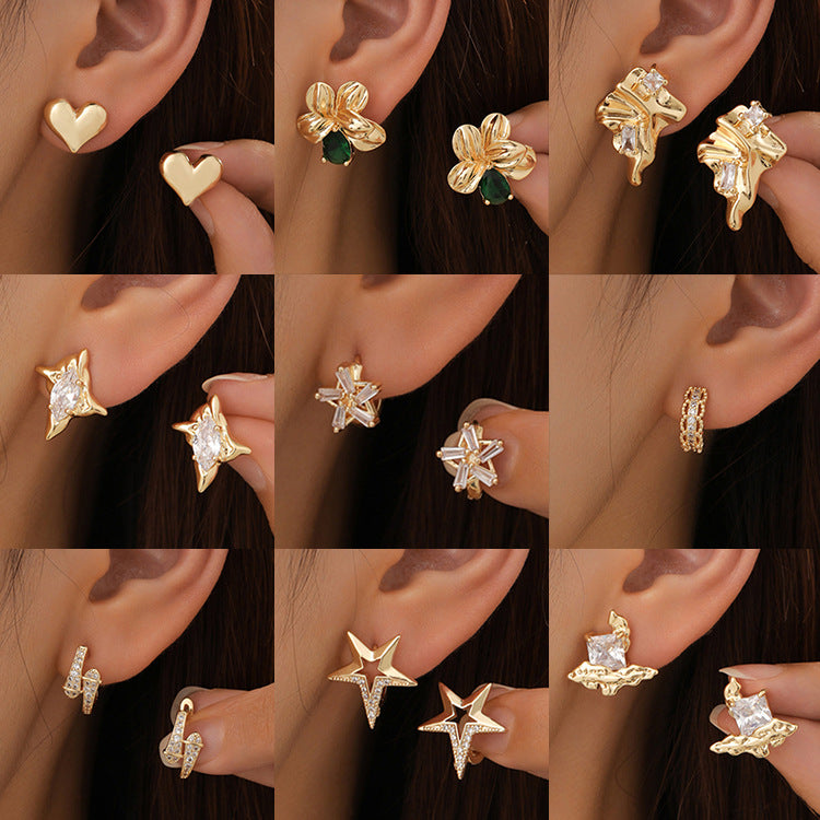 4 boucles d'oreilles créoles en forme de cœur et d'étoile florales ornées de strass 14K GF