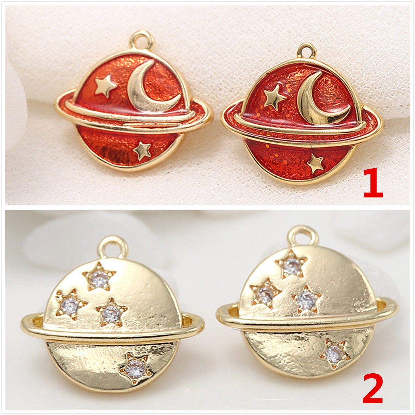 10 Saturn Planet Charm Pendentif Émail Epoxy 14K GF Strass Embelli