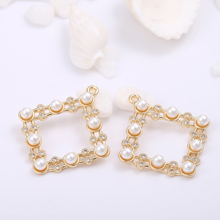2 Hollow Square Circle Charm Pendant Pearl Rhinestone Embellished 14K GF