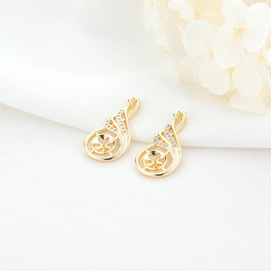 2 Floral Waterdrop Charm Pendant Rhinestone Embellished 14K GF Half Drilled Pearl Bead Blank