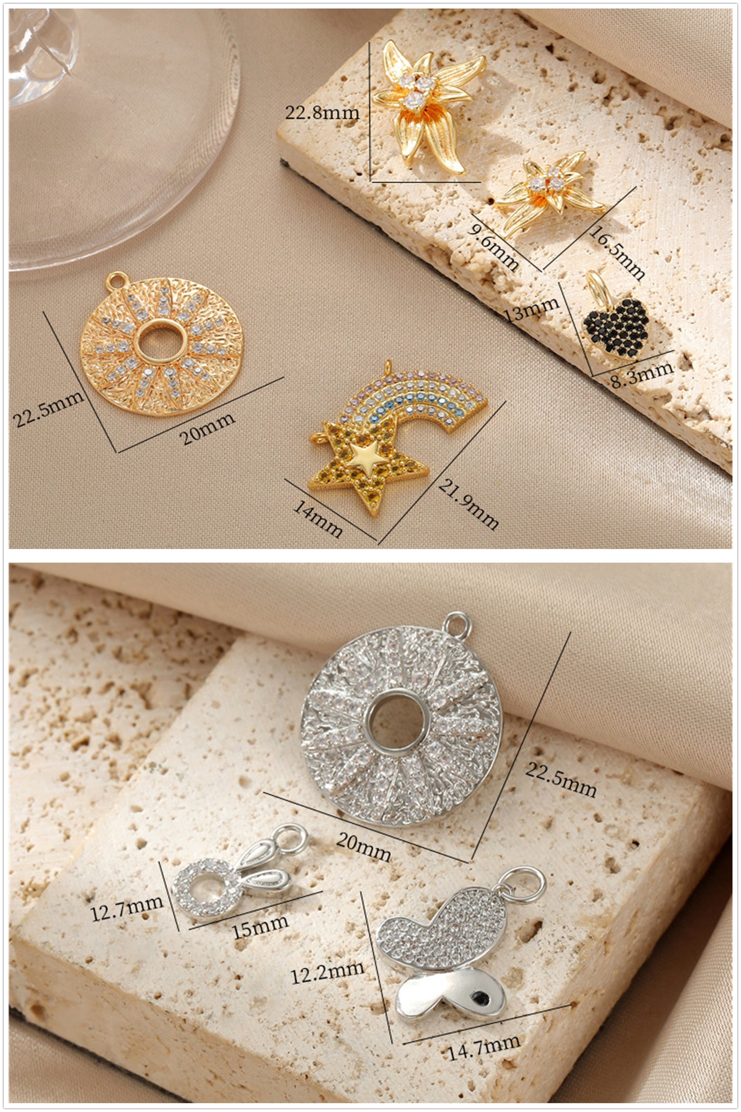 2 Blumensterne runder Kreis Herz Hase Schmetterling Charm Anhänger Strass verziert 14K GF