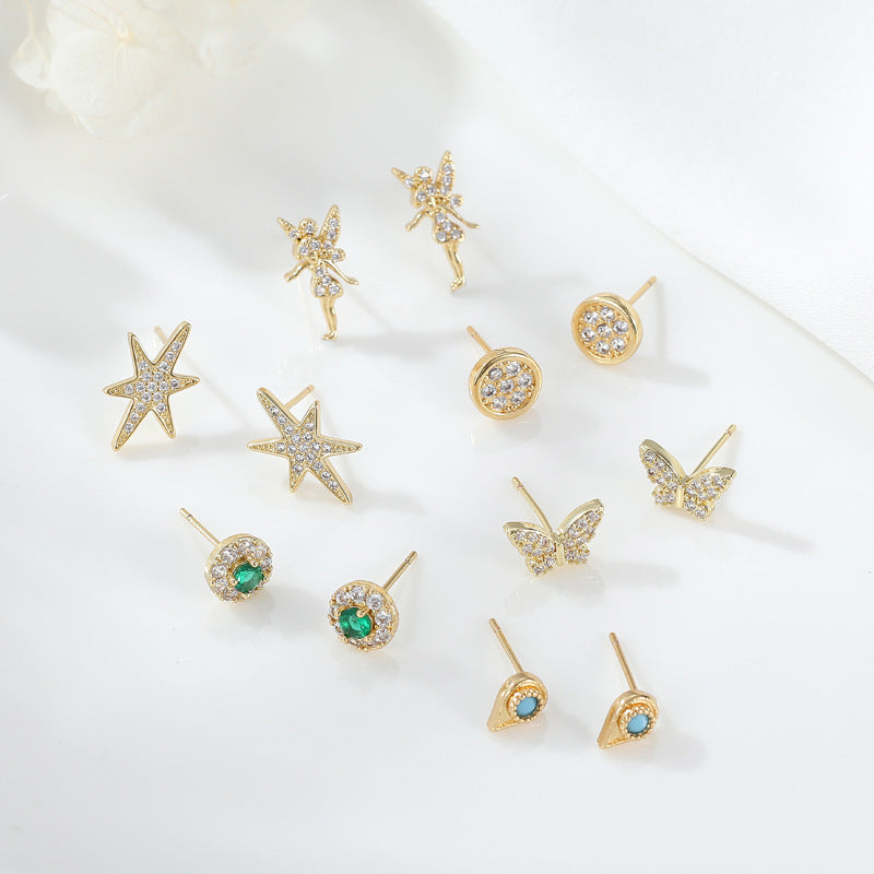 Boucles d'oreilles à tige rondes en forme d'ange 4 étoiles, goutte d'eau, papillon, ornées de strass 14K GF