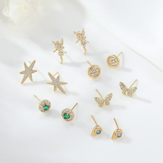 Boucles d'oreilles à tige rondes en forme d'ange 4 étoiles, goutte d'eau, papillon, ornées de strass 14K GF
