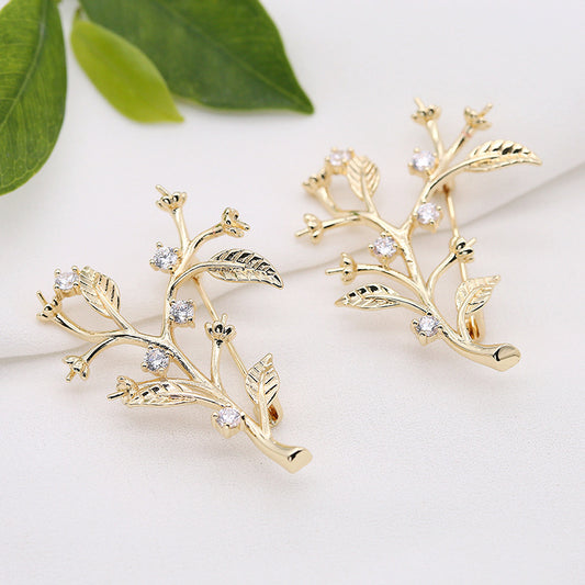 Broche branche à 2 feuilles 14K GF strass embellie perle semi-percée perle vierge
