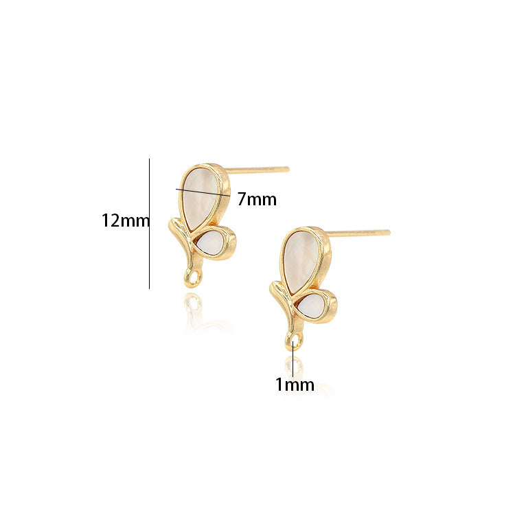 2 boucles d'oreilles à tige avec pendentif à breloque papillon, coquillage orné de strass, 14 carats GF