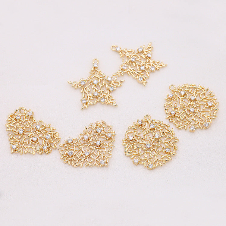 5 branches creuses de feuilles, pendentif à breloque rond en forme d'étoile et de cœur, orné de strass, 14K GF
