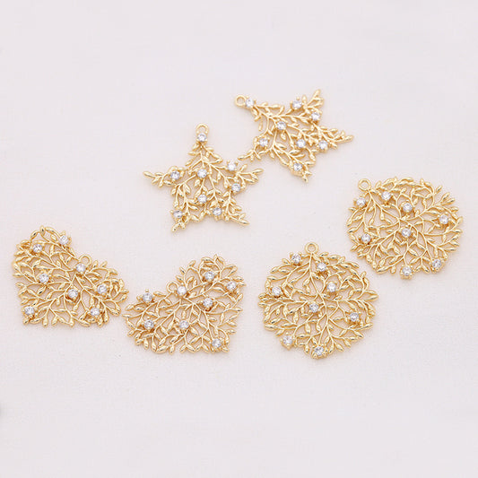 5 hohle Blatt-Zweig-Stern-Herz-runde Charm-Anhänger mit Strasssteinen verziert 14K GF