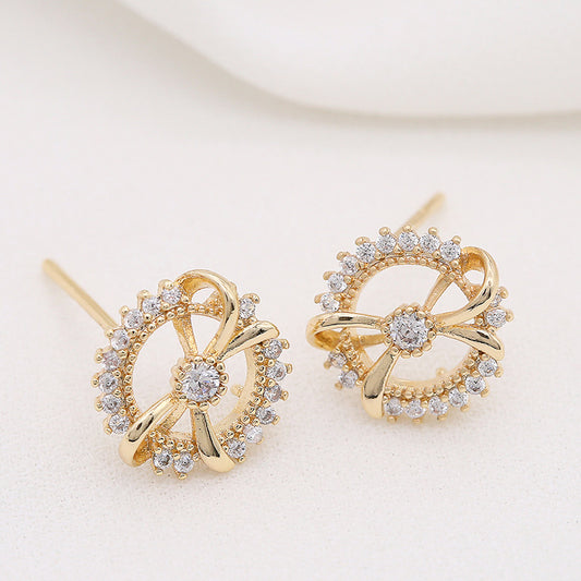 4 boucles d'oreilles à tige en forme de cercle floral, ornées de strass, 14K GF, boucles d'oreilles à moitié percées, perle vierge