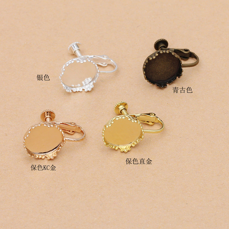 100 Crown Edge Bezel Cup Ear Screw Clip Earrings 18KGP 12mm Round Cabochon Blank Base Gemstone Piece Setting