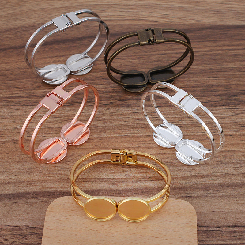 Bracelet circulaire ouvrable à deux rangées de 5 bords unis, 18KGP, Double cabochon rond de 20mm, Base vierge, réglage des pièces de pierres précieuses