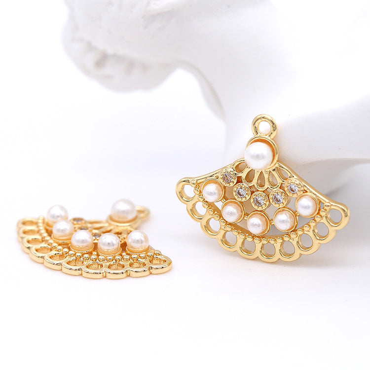 2 connecteurs de charme d'éventail creux à boucles multiples, perles strass embellies 14K GF