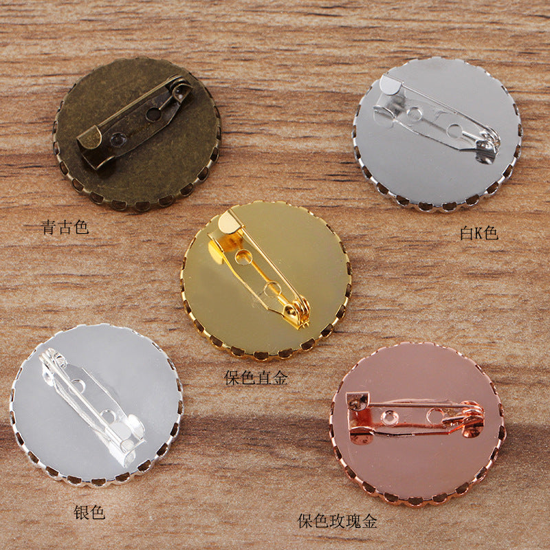 50 Scallop Edge Safe Brooch 18KGP 25mm Round Cabochon Blank Base Gemstone Setting