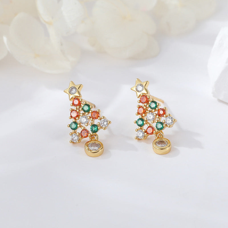 4 boucles d'oreilles à tige en forme de cœur et d'arbre de Noël en forme de feuille d'érable 14 carats GF ornées de strass