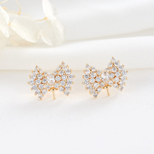 4 Bowknot Stud Earrings Rhinestone Embellished 14K GF Earing Half Drilled Pearl Bead Blank