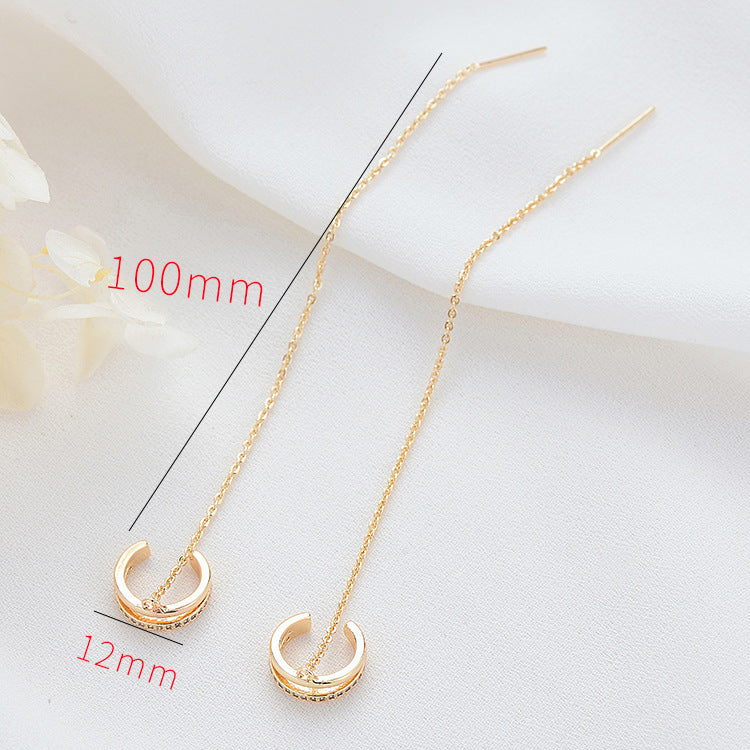 4 Ohrstecker mit offenem Kreis, lange Kabelkette, Einfädler, mit Strasssteinen verziert, 14-Karat-GF-Ohrring