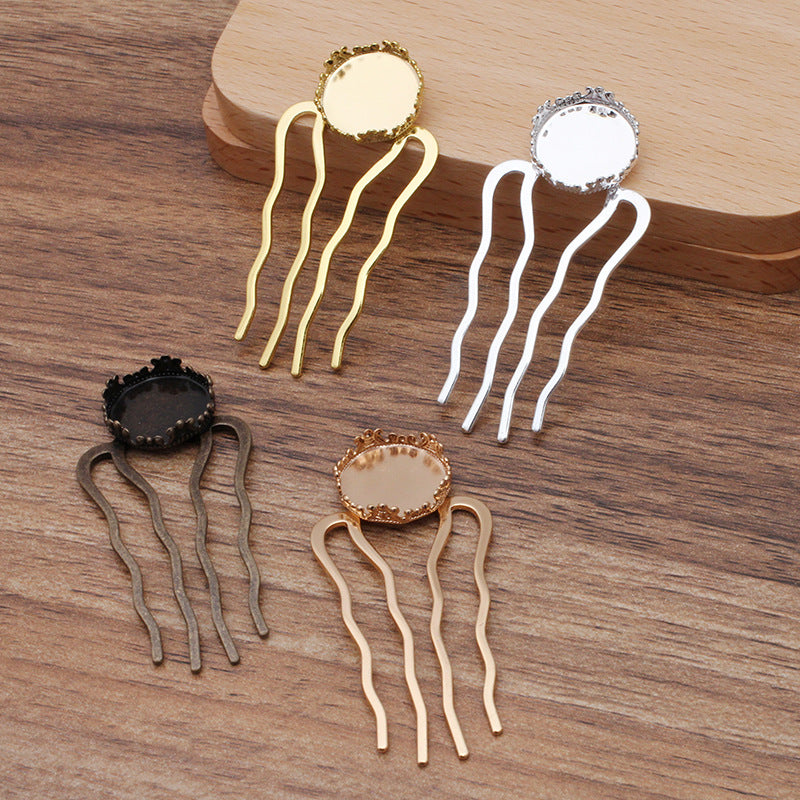 10 Kronenrand-Bezel-Cup-Haargabel-Kamm-Haarnadel 18KGP 15mm runder Cabochon-Rohling-Basis-Edelsteinstück-Fassung