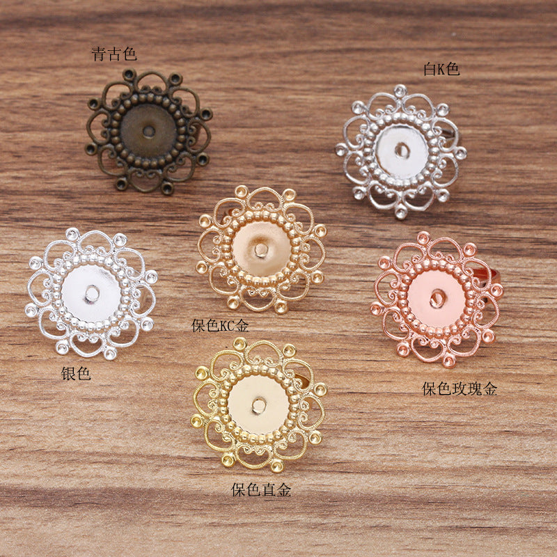 100 bague circulaire ouvrable à breloque florale en filigrane plat 18KGP 12mm cabochon base vierge sertissage de pierres précieuses