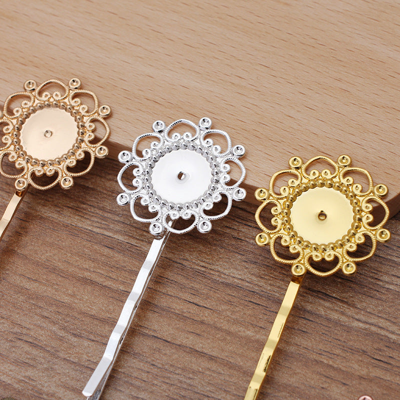 30 filigrane bord Floral lunette tasse vague pince à cheveux épingle à cheveux 18KGP 12mm cabochon rond Base vierge pierre précieuse pièce réglage