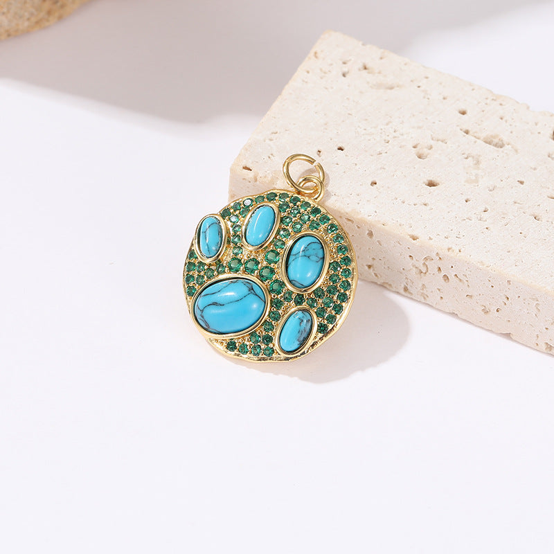 2 pendentifs de charme ovales de forme irrégulière, résine turquoise, strass embellis 14K GF