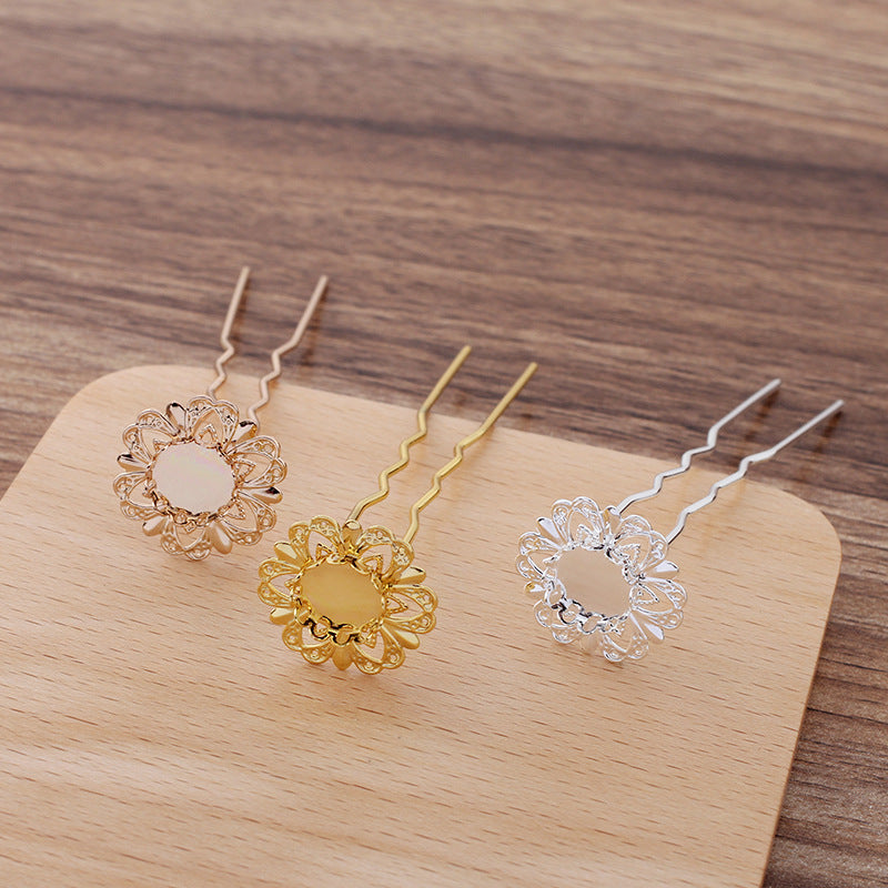 10 Scallop Edge Bezel Cup Filigree Floral Charm Hair Fork Hairpin 18KGP 10mm Round Cabochon Blank Base Gemstone Piece Setting