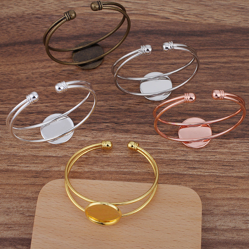 Bracelet à cercle ouvert à deux rangées de 5 bords unis, 18KGP, cabochon rond de 20mm, Base vierge, sertissage de pièces de pierres précieuses