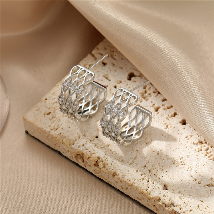 4 boucles d'oreilles à tige en grille semi-circulaire ornées de strass 14K GF Earing