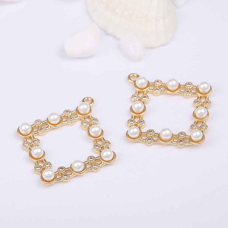 2 Hollow Square Circle Charm Pendant Pearl Rhinestone Embellished 14K GF