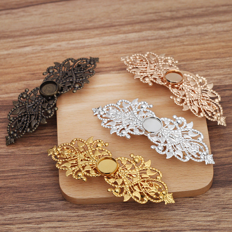 100 filigrane Floral lunette coupe Snap Clip pince à cheveux 18KGP 12mm cabochon rond Base vierge réglage de pierres précieuses