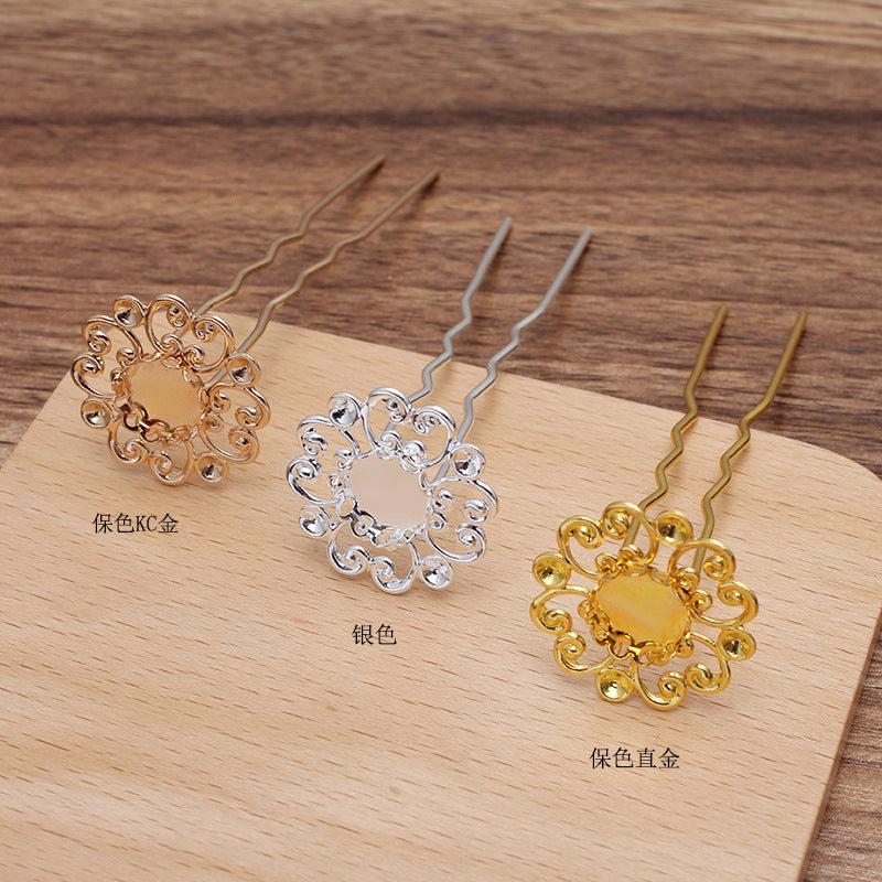 10 Scallop Edge Bezel Cup Filigree Floral Charm Hair Fork Hairpin 18KGP 10mm Round Cabochon Blank Base Gemstone Piece Setting