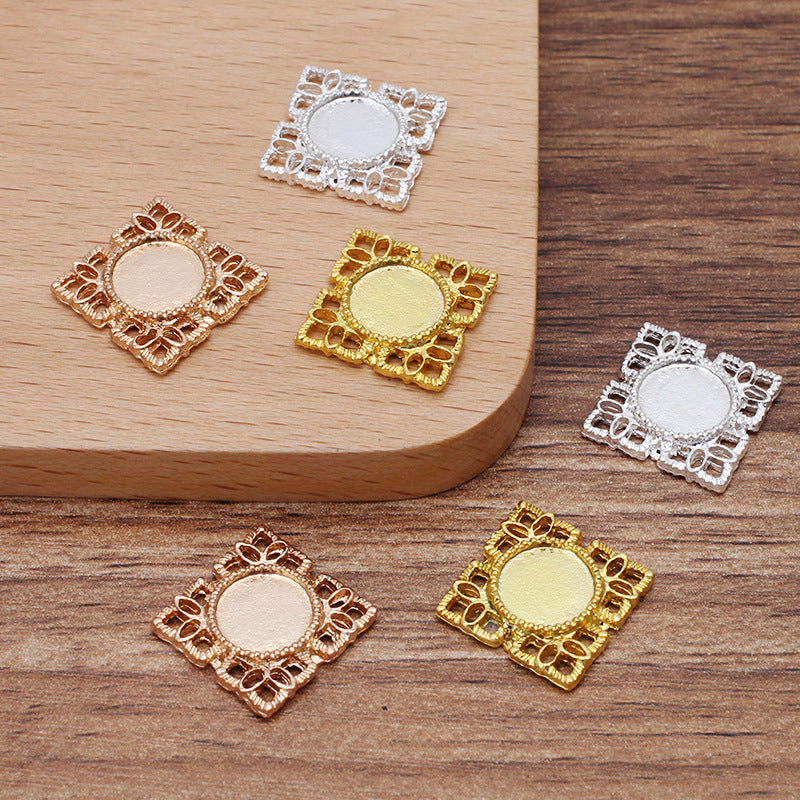 100 Filigree Serrated Edge Bezel Cup Square Charm 18KGP 8mm Round Cabochon Blank Base Gemstone Piece Setting