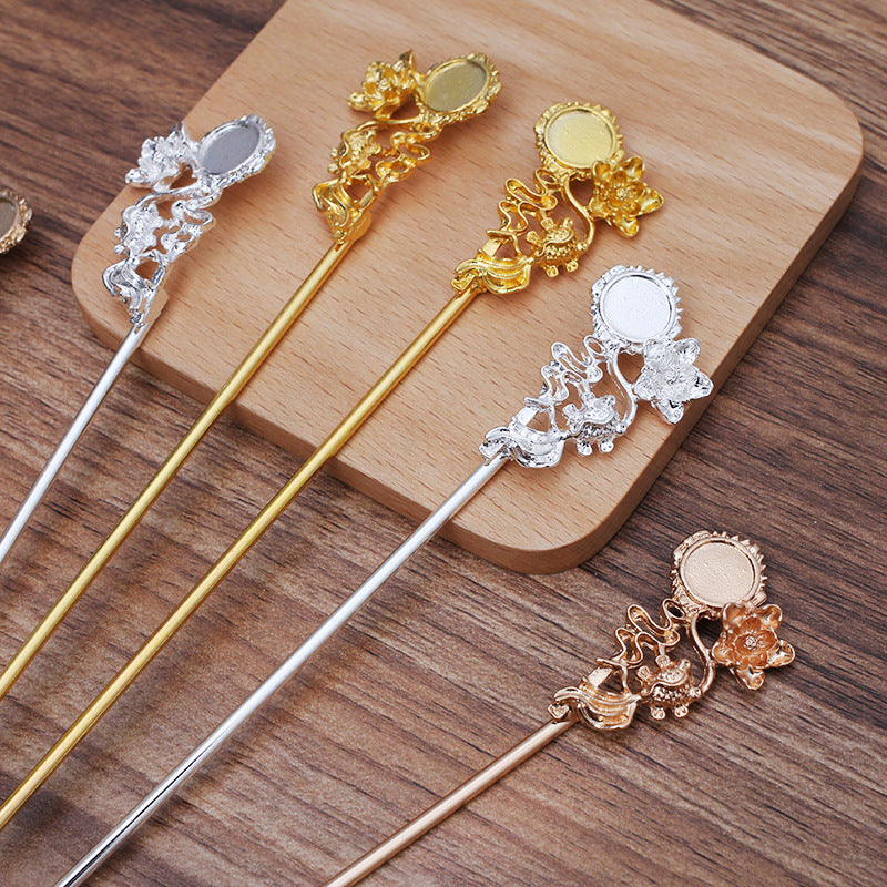 10 Goldfish Floral Chinese Stick Hairpin 18KGP 10mm Round Cabochon Blank Base Gemstone Piece Setting