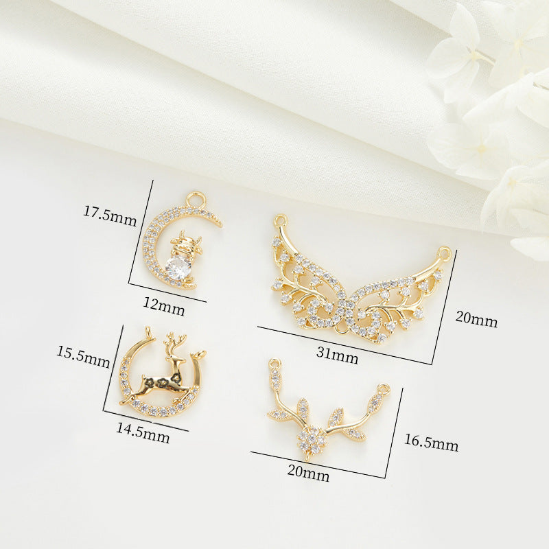 2 Engelsflügel-Rentier-Mond-Charm-Anhänger mit Strassverzierung aus 14-karätigem GF