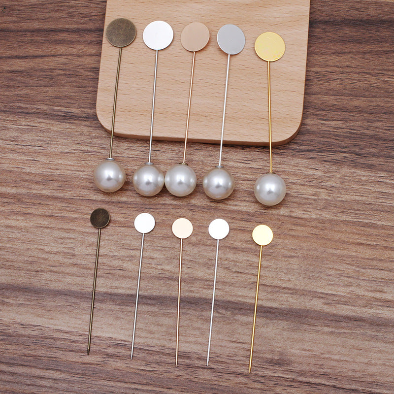 50 Flat Pad Plain Long Stick Safe Brooch Pin 18KGP 10mm 15mm Round Cabochon Blank Base Gemstone Piece Setting