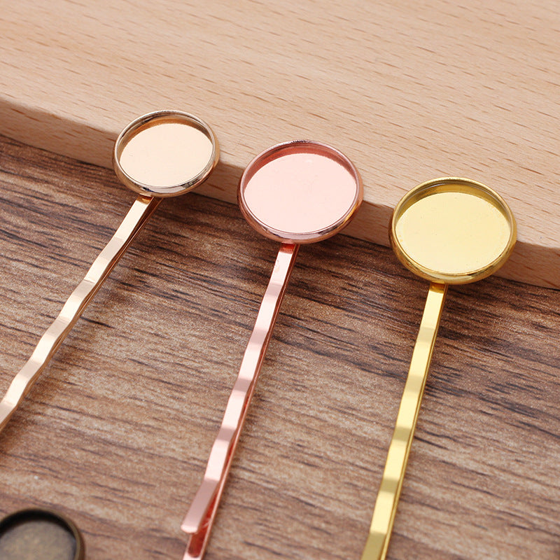 50 Plain Edge Bezel Cup Wave Hair Clip Hairpin 18KGP 10mm 12mm 14mm Round Cabochon Blank Base Gemstone Piece Setting