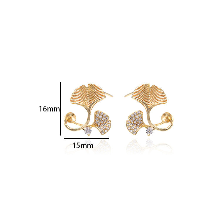 4 Ginkgo-Blatt-Ohrstecker, mit Strasssteinen verziert, 14-Karat-GF-Ohrring, halbgebohrte Perle, Rohling