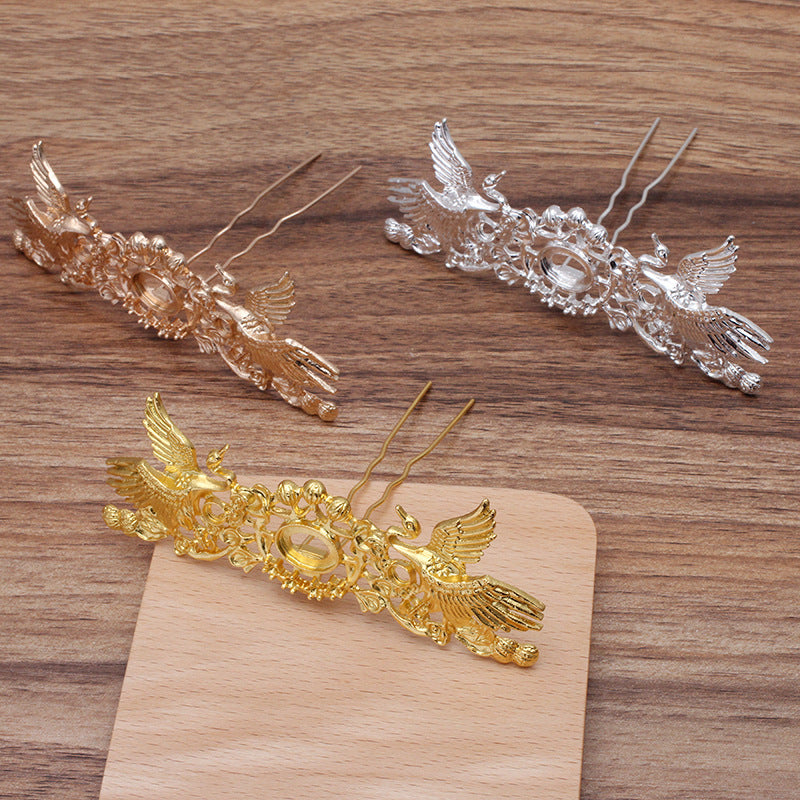 5 Phoenix Floral Charm Hair Fork Hairpin 18KGP 5mm 10x15mm Round Oval Cabochon Blank Base Gemstone Piece Setting