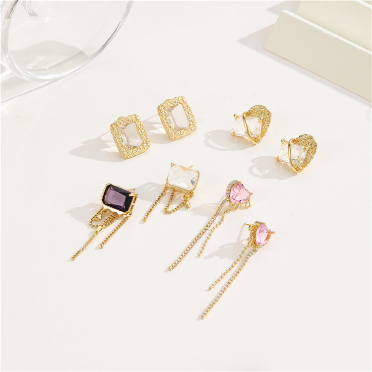 4 quadratische, herzförmige, rechteckige Quasten-Ohrstecker, 14-karätige GF-Strassverzierung