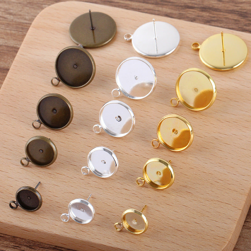 Boucles d'oreilles à tige avec boucle, 100, 18KGP, 8mm, 10mm, 12mm, 14mm, 16mm, cabochon rond, Base vierge, sertissage de pierres précieuses
