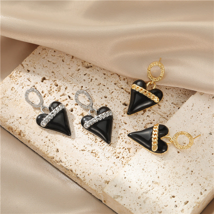 Boucles d'oreilles à tige avec breloque en forme de cœur, émail époxy 14K GF, ornées de strass