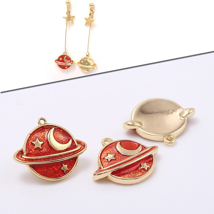 10 Saturn Planet Charm Pendentif Émail Epoxy 14K GF Strass Embelli