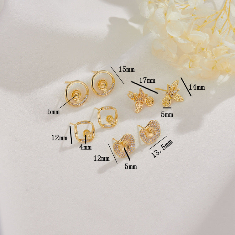 4 boucles d'oreilles rondes, carrées, papillon, ornées de strass, 14K GF, boucles d'oreilles à moitié percées, perles vierges