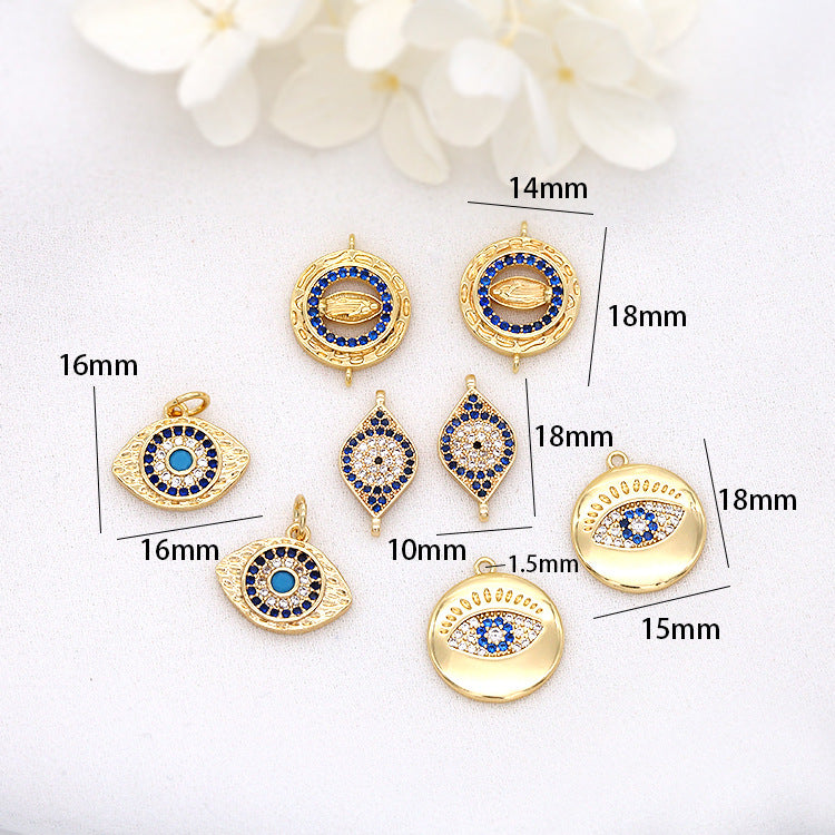 Pendentif à breloque en forme de pièce de monnaie à 2 yeux, connecteur à double boucle, orné de strass, 14K GF