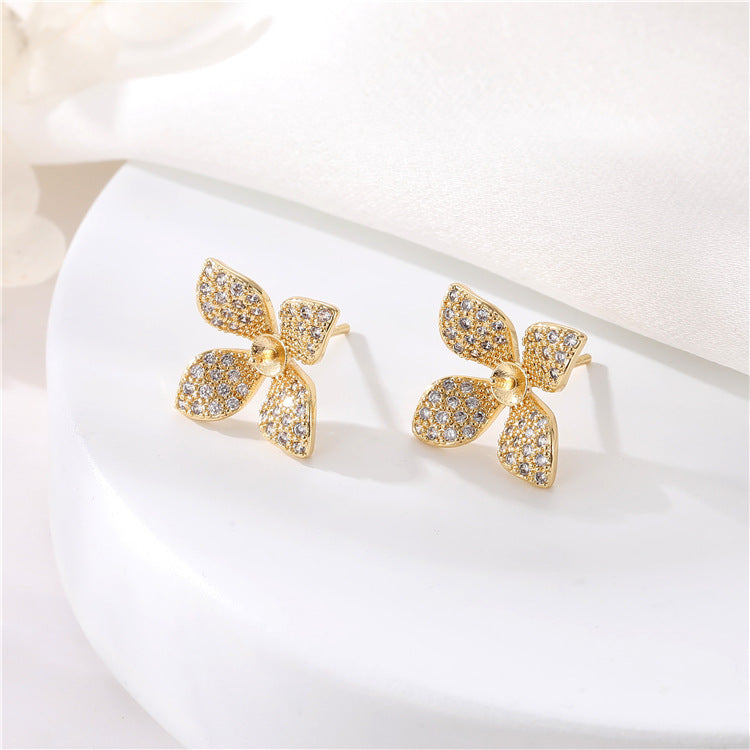 2 boucles d'oreilles pendantes à breloque florale, bague de déclaration ornée de strass 14K GF, perle semi-percée, perle vierge