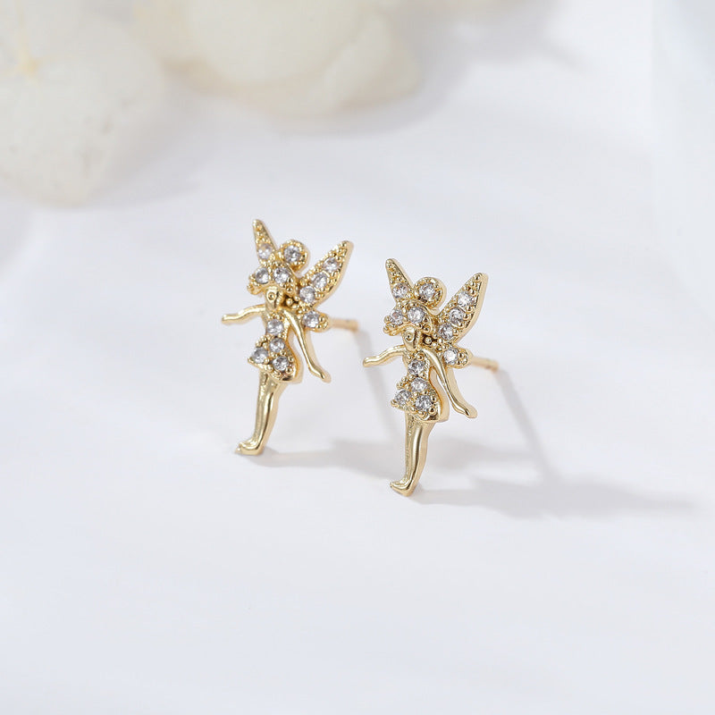 Boucles d'oreilles à tige rondes en forme d'ange 4 étoiles, goutte d'eau, papillon, ornées de strass 14K GF