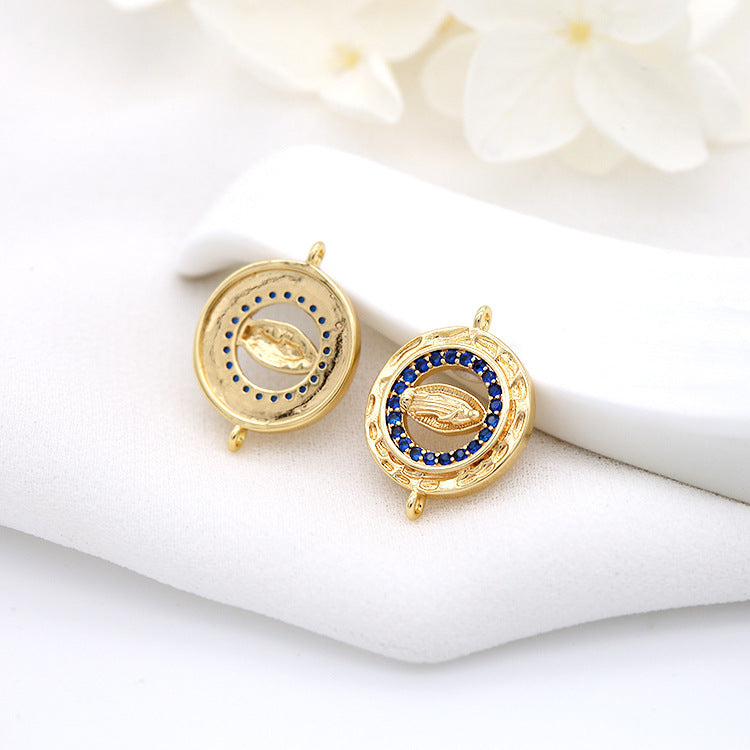 Pendentif à breloque en forme de pièce de monnaie à 2 yeux, connecteur à double boucle, orné de strass, 14K GF